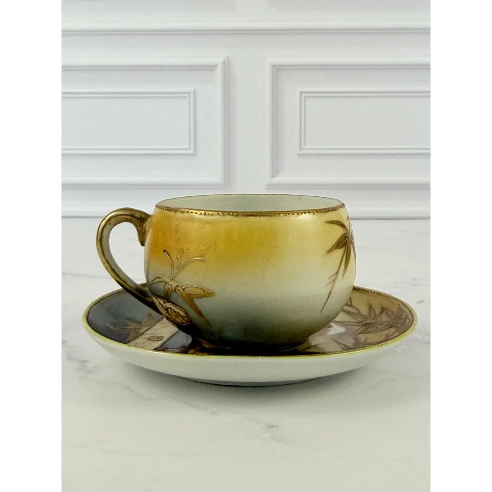VTG Mt. Fuji Japan Hand Painted Teacup and Saucer Bamboo Gilded